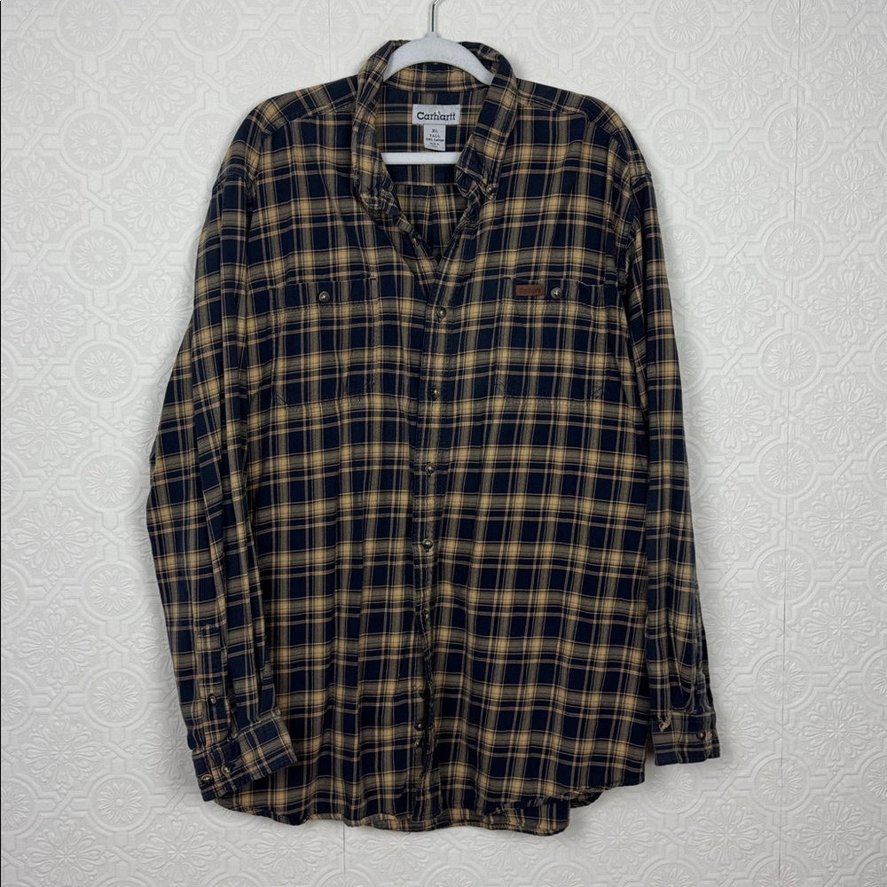 Carhartt‎ XL Tall Plaid Flannel Button Down Shirt 100% Cotton Plaid Brown
